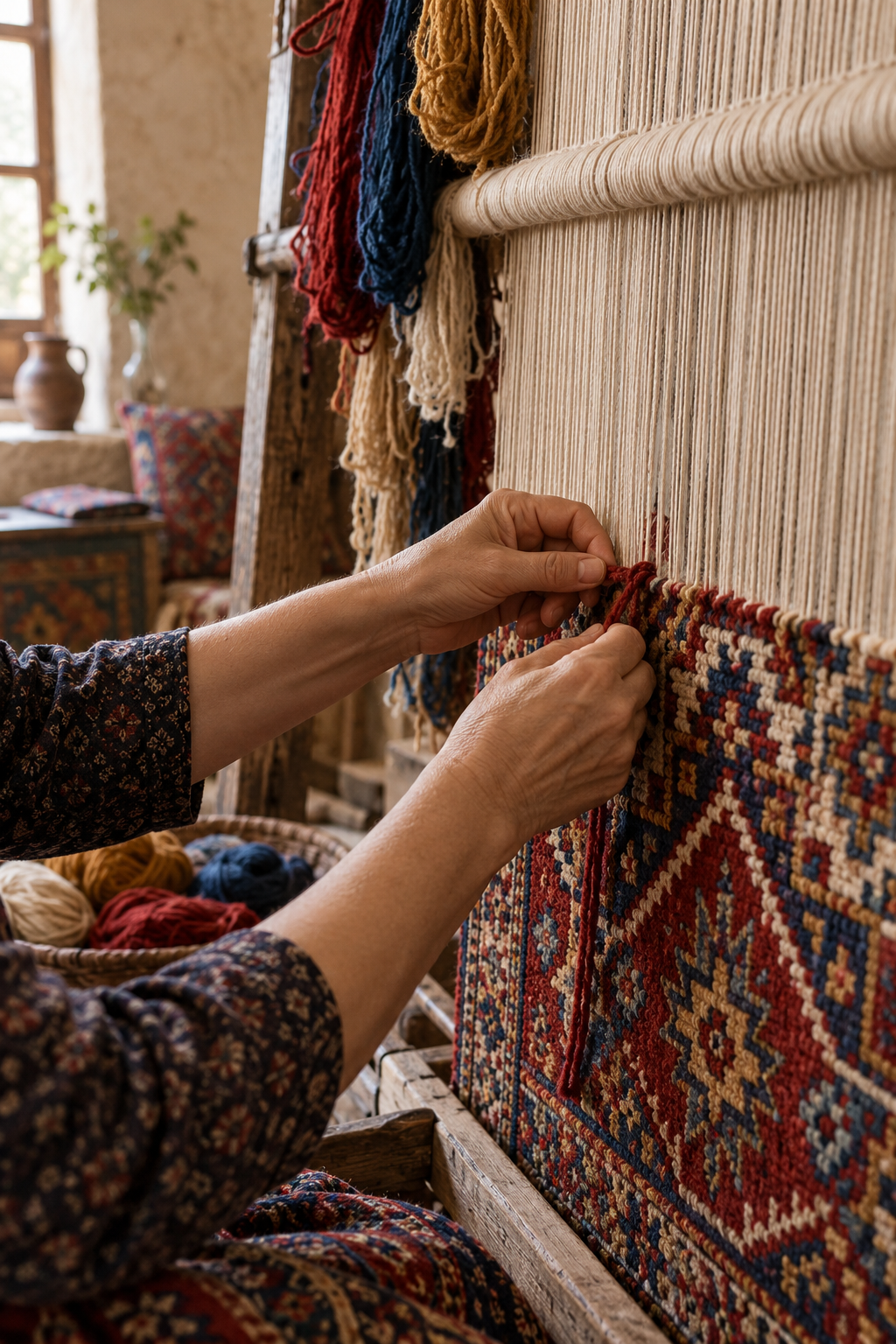 Traditional carpet weaving on a vertical loom in Anatolia
